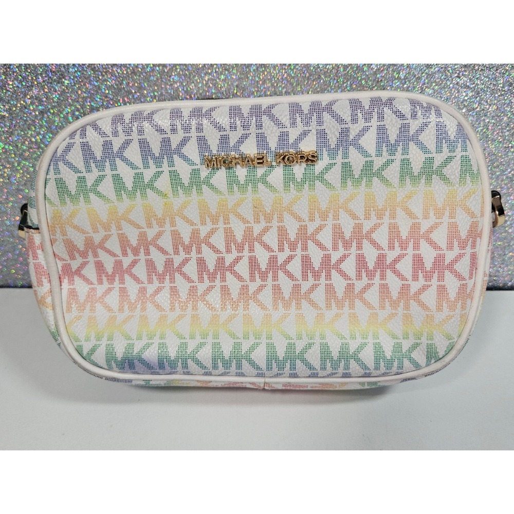 Michael Kors Rainbow Pride MK Monogram Logo Jet Set Crossbody Bag White Gold